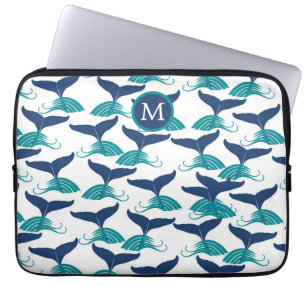 Blue Teal Whale Tails Monogram Laptop Sleeve