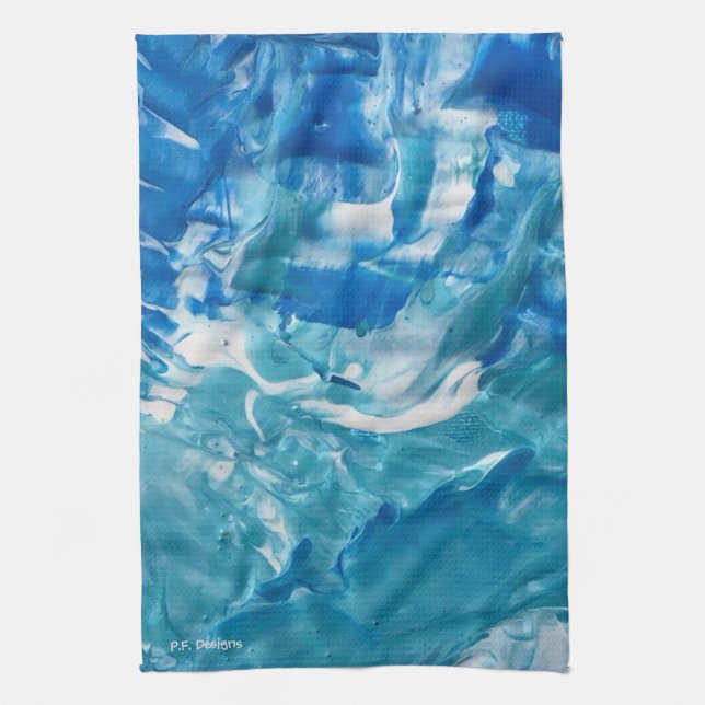 Blue Teal White Abstract Acrylic Tea Towel (Vertical)