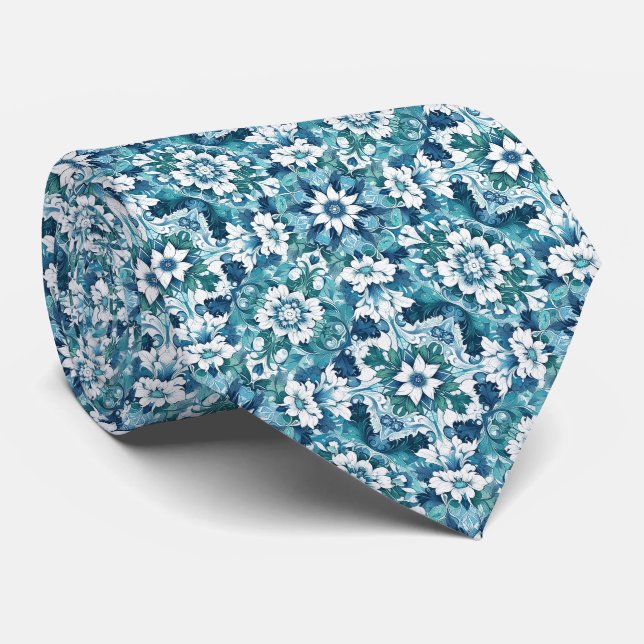 Blue, Teal & White Floral Pattern Neck Tie (Rolled)
