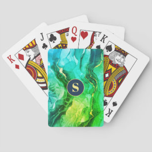 Blue Teal Yel & Dark Green Liquid Ink, Monogram Playing Cards