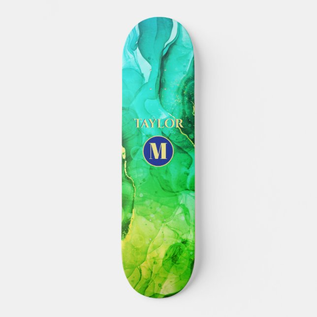 Blue Teal Yellow Green Liquid Ink, Monogram & Name Skateboard (Front)