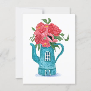 Blue Teapot House with Red Flowers Postcard