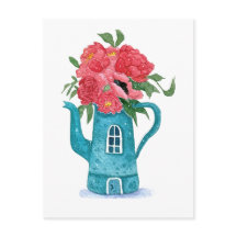 Blue Teapot House with Red Flowers Postcard