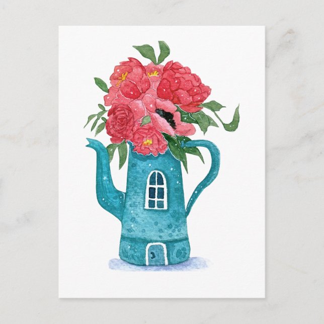 Blue Teapot House with Red Flowers Postcard (Front)