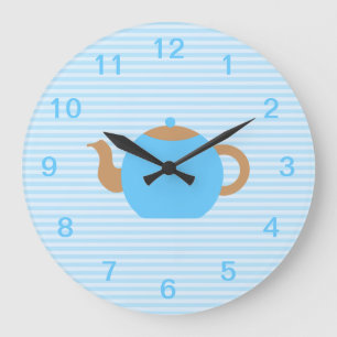 Blue Teapot picture on Blue Stripes. Large Clock