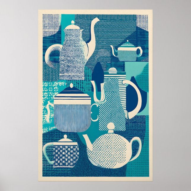 Blue Teapots Giclée Print Mid-Century Modern (Front)