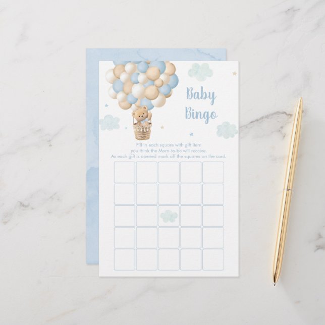 Blue Teddy Balloons Baby Shower Bingo Game (Front/Back In Situ)