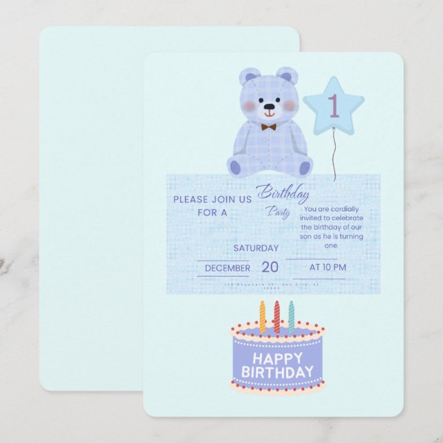 Blue Teddy Bear 1st Birthday Invitation - Customiz (Front/Back)