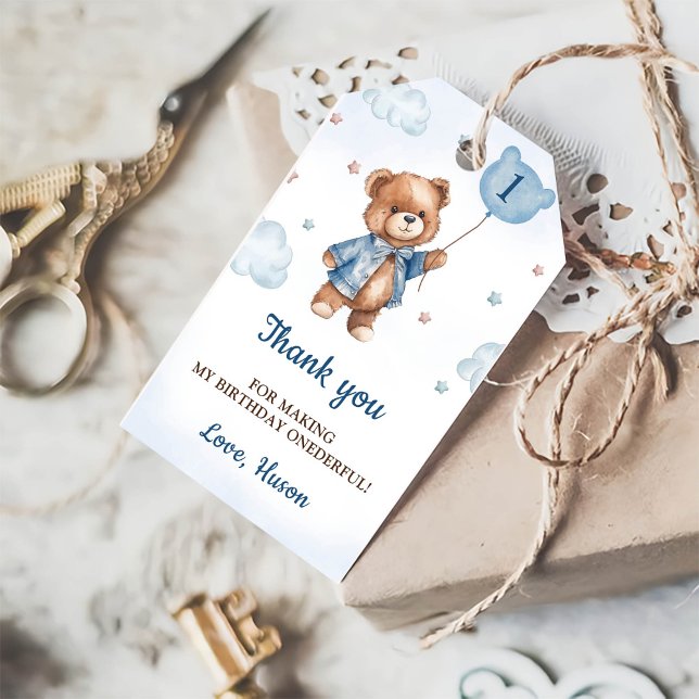 Blue Teddy Bear 1st Birthday Thank You Tag (Creator Uploaded)