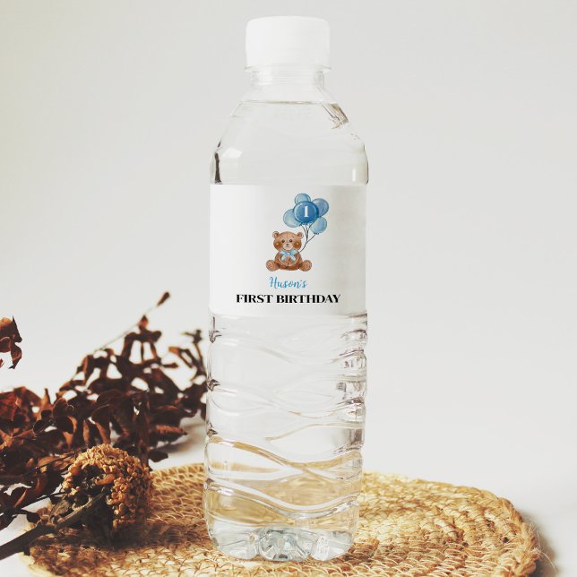 Blue Teddy Bear 1st Birthday Water Bottle Label (Creator Uploaded)
