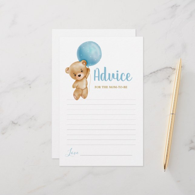 Blue Teddy Bear Advice for Mum To Be card (Front/Back In Situ)