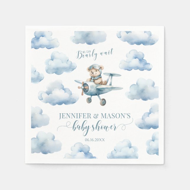 Blue teddy bear aeroplane baby boy shower napkin (Front)