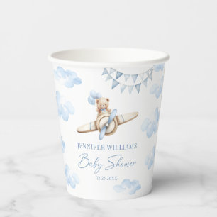Blue Teddy Bear Aeroplane Boho Baby Boy Shower Paper Cups