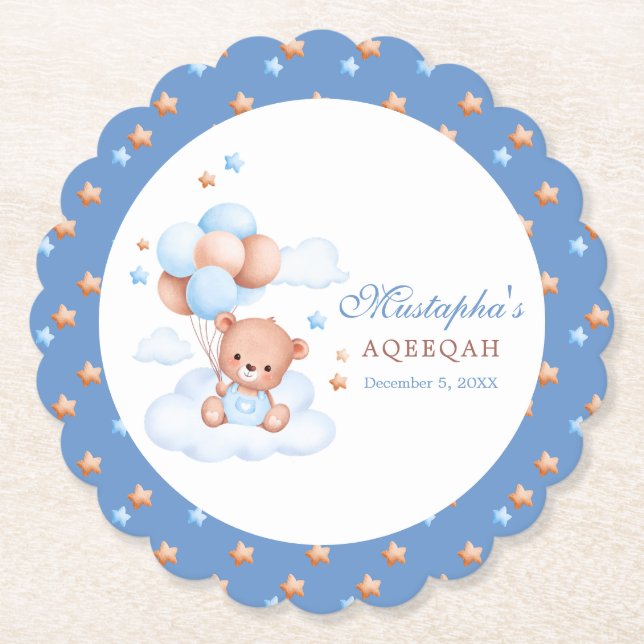 Blue Teddy Bear Aqiqah Coaster Personalised Muslim (Front)