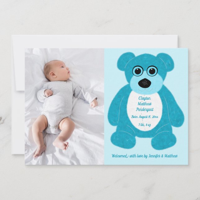 Blue Teddy Bear Baby Boy Birth Annoucement Invitat Invitation (Front)