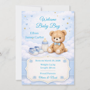 Blue Teddy Bear Baby Boy Birth Announcement Card
