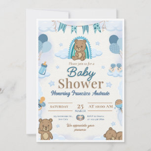 Blue Teddy Bear Baby Boy Shower Invitation