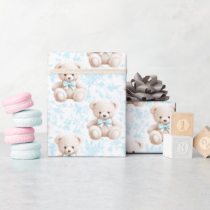 Blue teddy bear baby boy shower wrapping paper