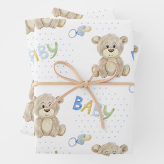 Blue Teddy Bear Baby Boy Watercolor Baby Shower Wrapping Paper Sheet