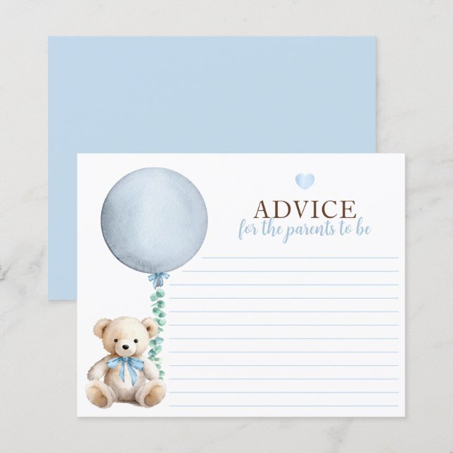 Blue Teddy Bear Baby Shower Advice Card (Front/Back)