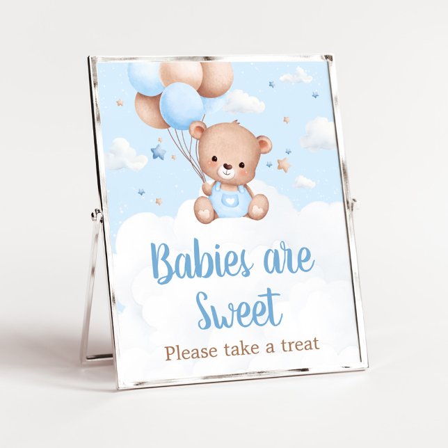 Blue Teddy Bear Baby Shower Babies are Sweet Sign (Blue Boy Teddy Bear Clouds Balloon Baby Shower Sign)