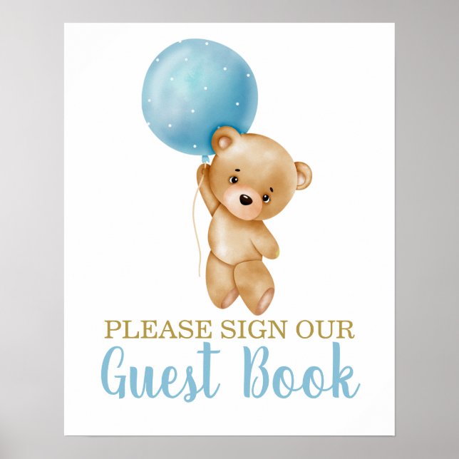 Blue Teddy Bear Baby Shower Boy Sign Guest Book (Front)