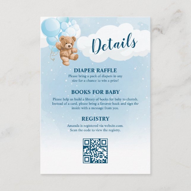 Blue Teddy Bear Baby Shower Details Enclosure Card (Front)