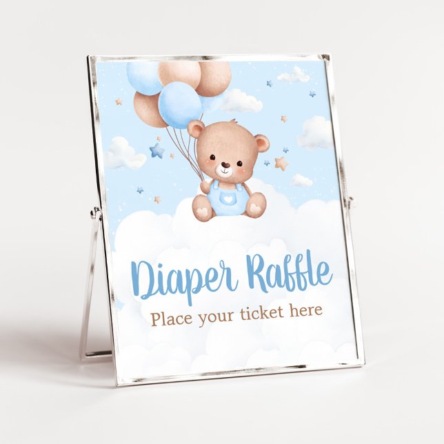 Blue Teddy Bear Baby Shower Diaper Raffle Poster (Blue Boy Teddy Bear Clouds Balloon Baby Shower Sign)