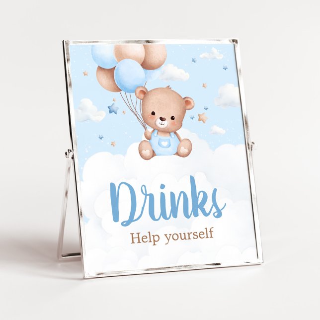 Blue Teddy Bear Baby Shower Drinks Sign (Blue Boy Teddy Bear Clouds Balloon Baby Shower Sign)
