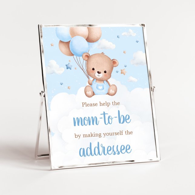 Blue Teddy Bear Baby Shower Envelope Station Sign (Blue Boy Teddy Bear Clouds Balloon Baby Shower Sign)