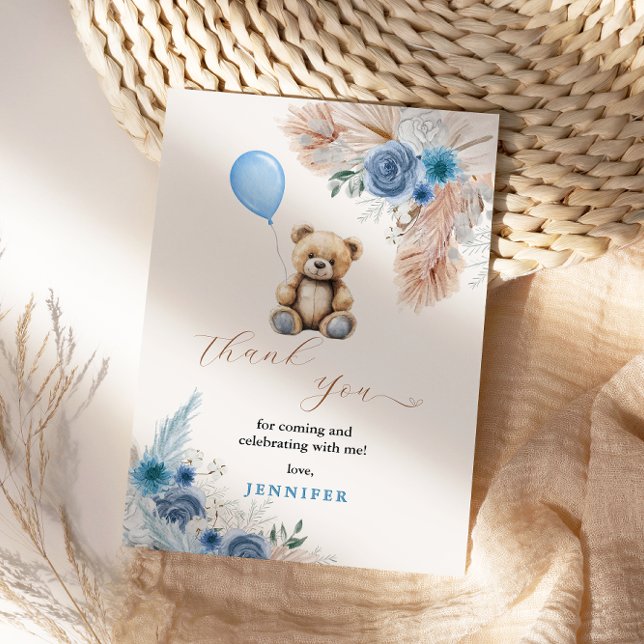 Blue Teddy Bear Baby Shower Florals Pampas Grass Thank You Card (Creator Uploaded)