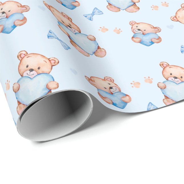 Blue Teddy Bear Baby Shower Giftwrapping Paper (Roll Corner)
