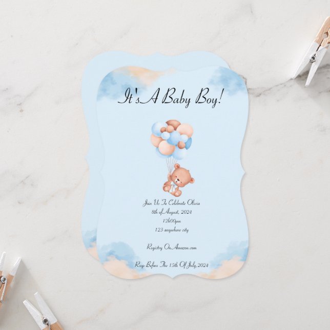 BLUE TEDDY BEAR BABY SHOWER INVITATION (Front/Back In Situ)