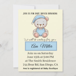Blue Teddy Bear Baby Shower Invitation  