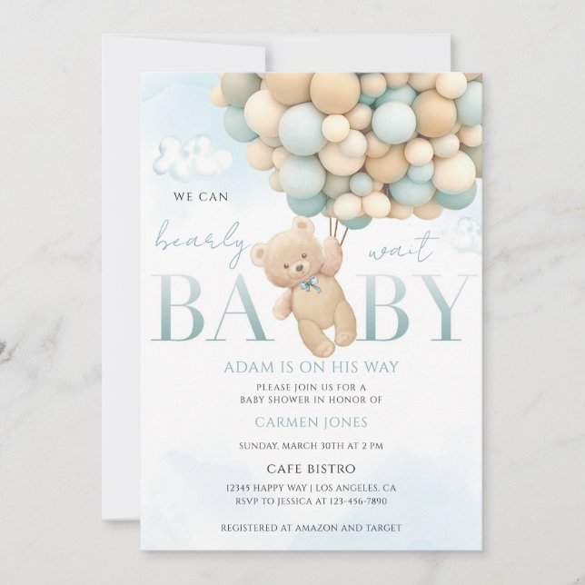 Blue Teddy Bear Baby Shower Invitation (Front)