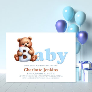 Blue Teddy Bear Baby Shower Invitation