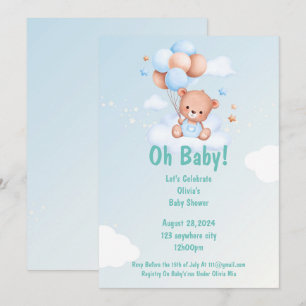 Blue teddy bear baby shower  invitation