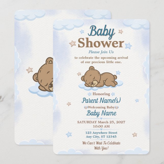 Blue Teddy Bear Baby Shower Invitation Editable (Front/Back)