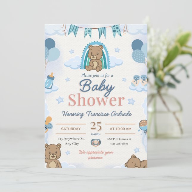 Blue teddy bear baby shower invitations. invitation (Standing Front)