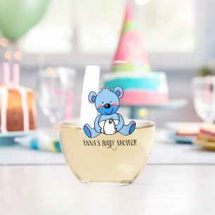 blue teddy bear baby shower (name) Drinkware Set Stemless Wine Glass