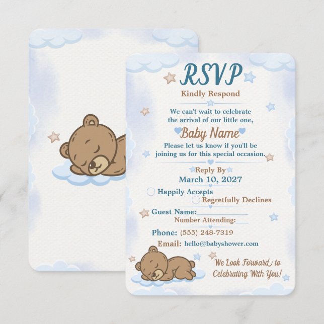 Blue Teddy Bear Baby Shower RSVP Card (Front/Back)