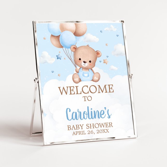 Blue Teddy Bear Baby Shower Welcome Sign (Blue Boy Teddy Bear Clouds Balloon Baby Shower Sign)