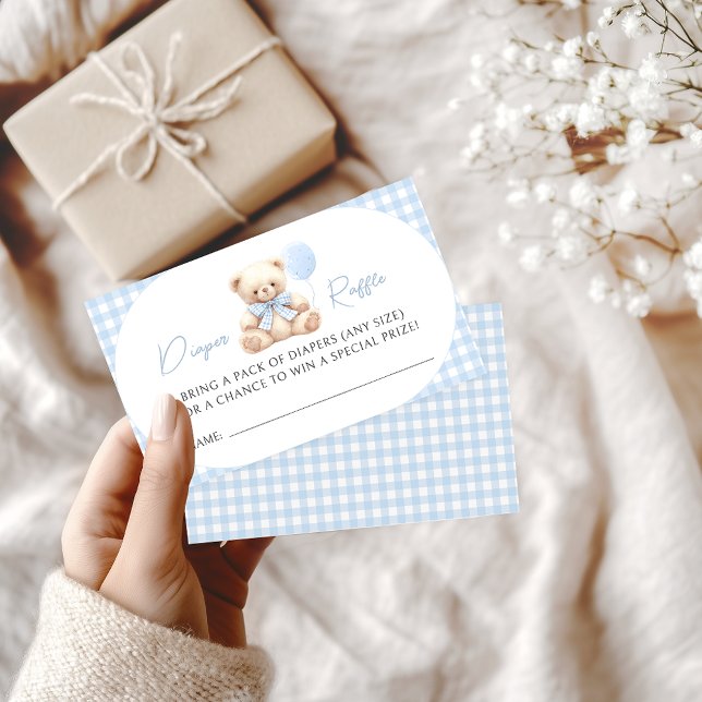 Blue Teddy Bear Balloon Baby Boy Diaper Raffle Enclosure Card (Creator Uploaded)
