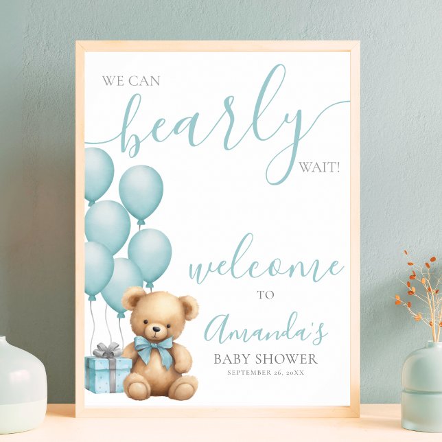 Blue Teddy Bear Balloon Baby Shower Welcome Poster (Blue Teddy Bear Balloon Baby Shower Welcome Poster)