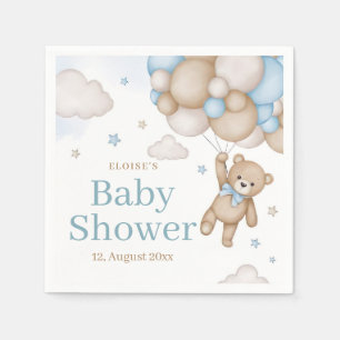 Blue Teddy Bear Balloon Bearly Wait Baby Shower Napkin