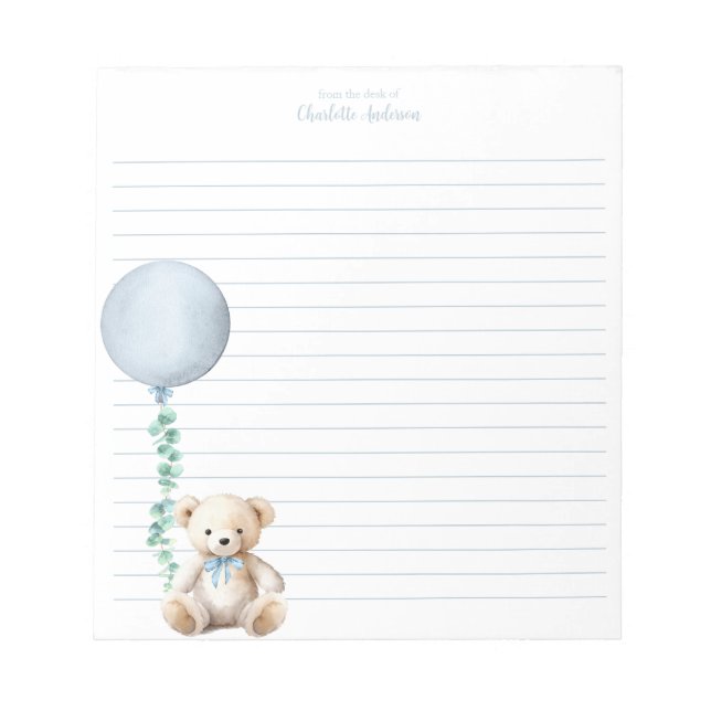 Blue Teddy Bear Balloon Personalised Notepad (Front)