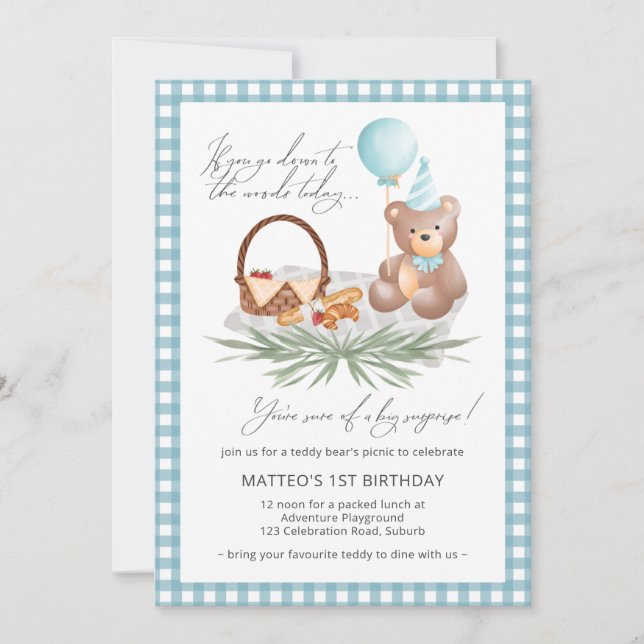 Blue Teddy Bear Balloon Picnic 1st Birthday Invitation (Front)