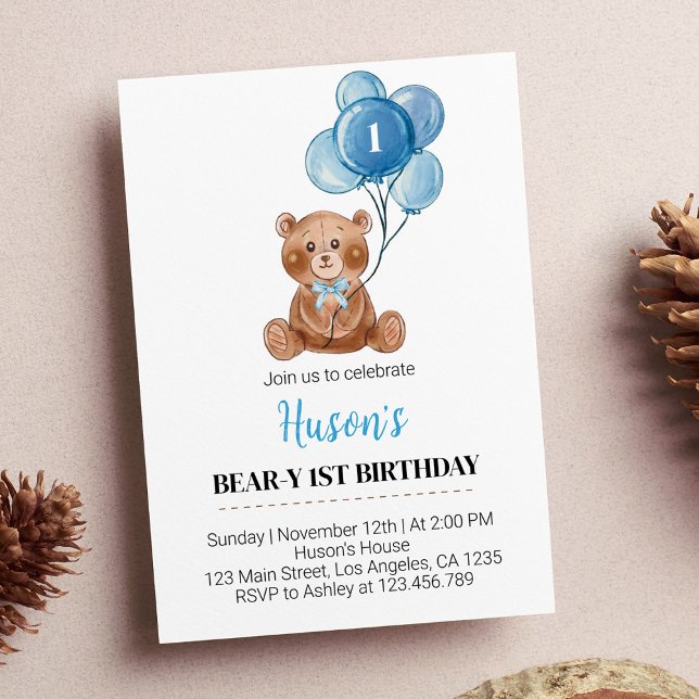 Blue Teddy Bear Balloons First Birthday Invitation (Creator Uploaded)