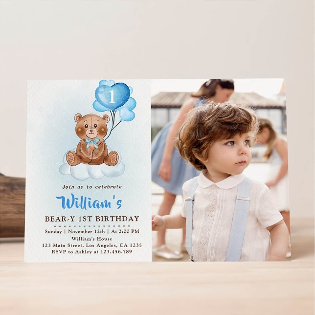 Blue Teddy Bear Balloons First Birthday Photo Invitation (Creator Uploaded)