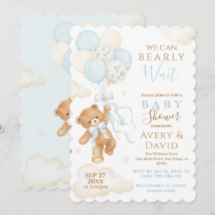 Blue Teddy Bear Bearly Wait Baby Shower Boy Invitation